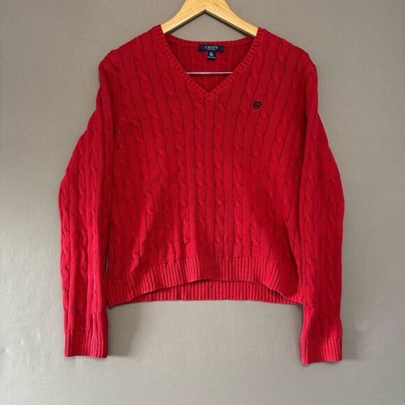 Chaps Ralph Lauren Women’s Red V-Neck Cable Knit Sweater Size XL 100% Cotton - Picture 1 of 8